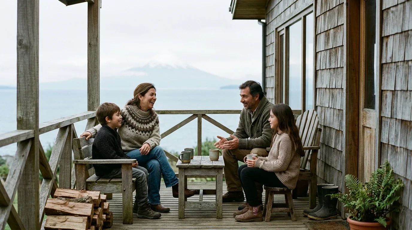 Familia en una casa de tejuela, Puerto Varas (imagen generada)