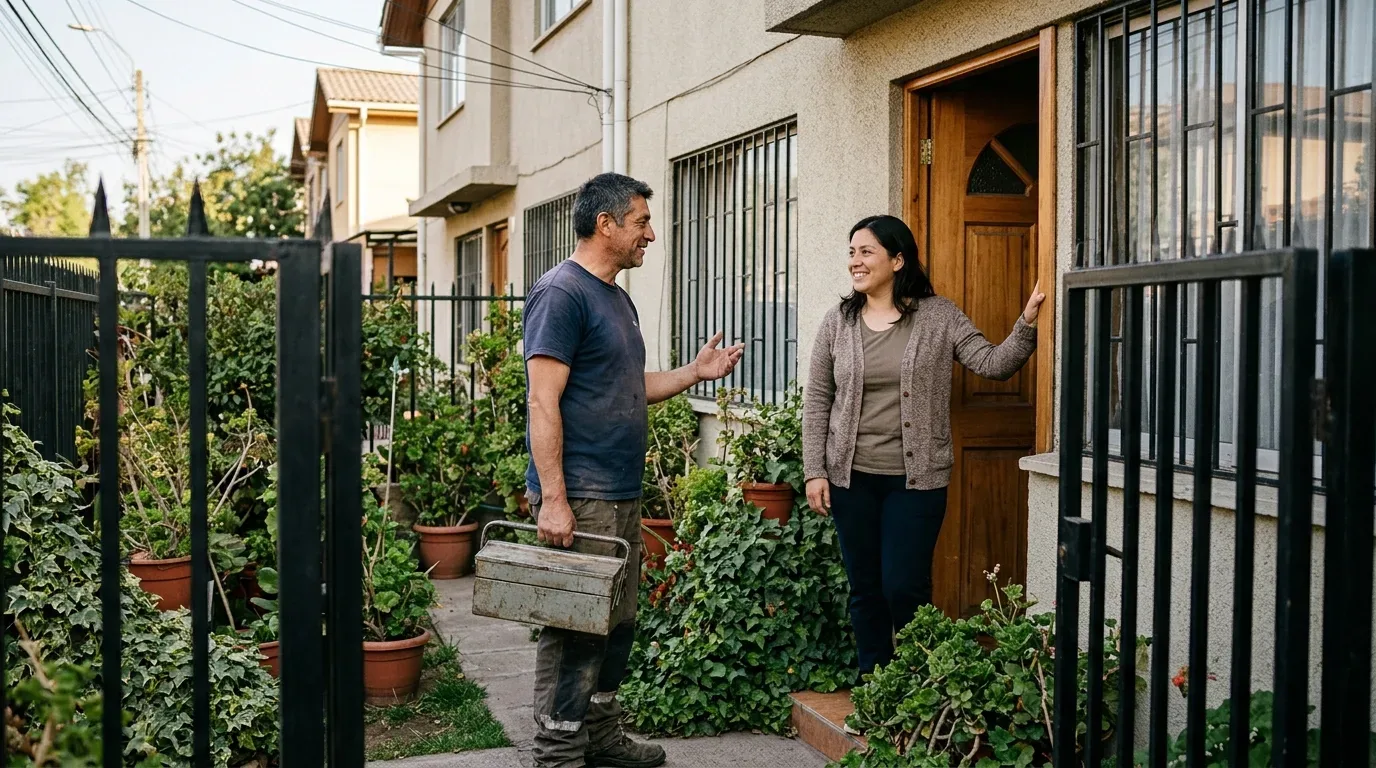 Gasfíter llegando a una casa pareada (imagen generada)