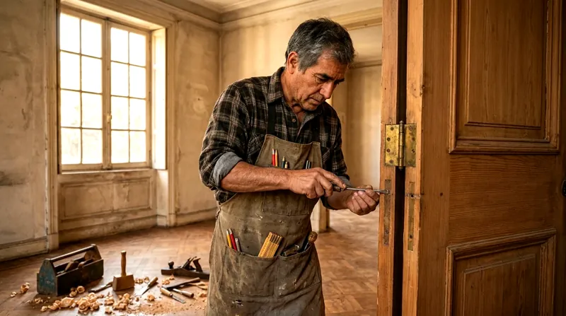 Ajuste de una puerta de madera (imagen generada)